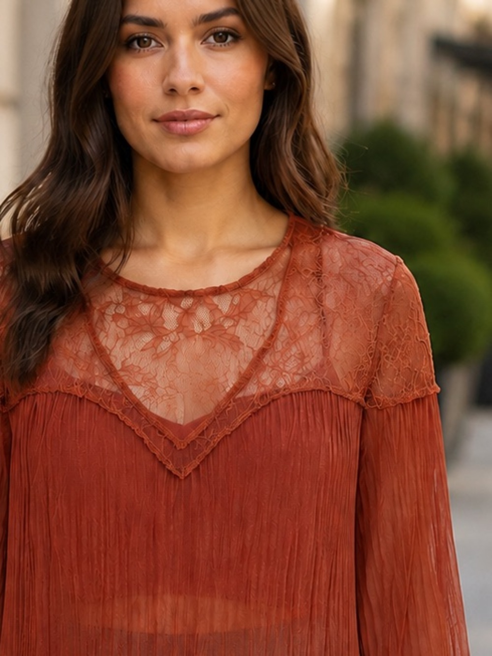 Zara Rust Orange Lace V-Neck Pleated Blouse Size M